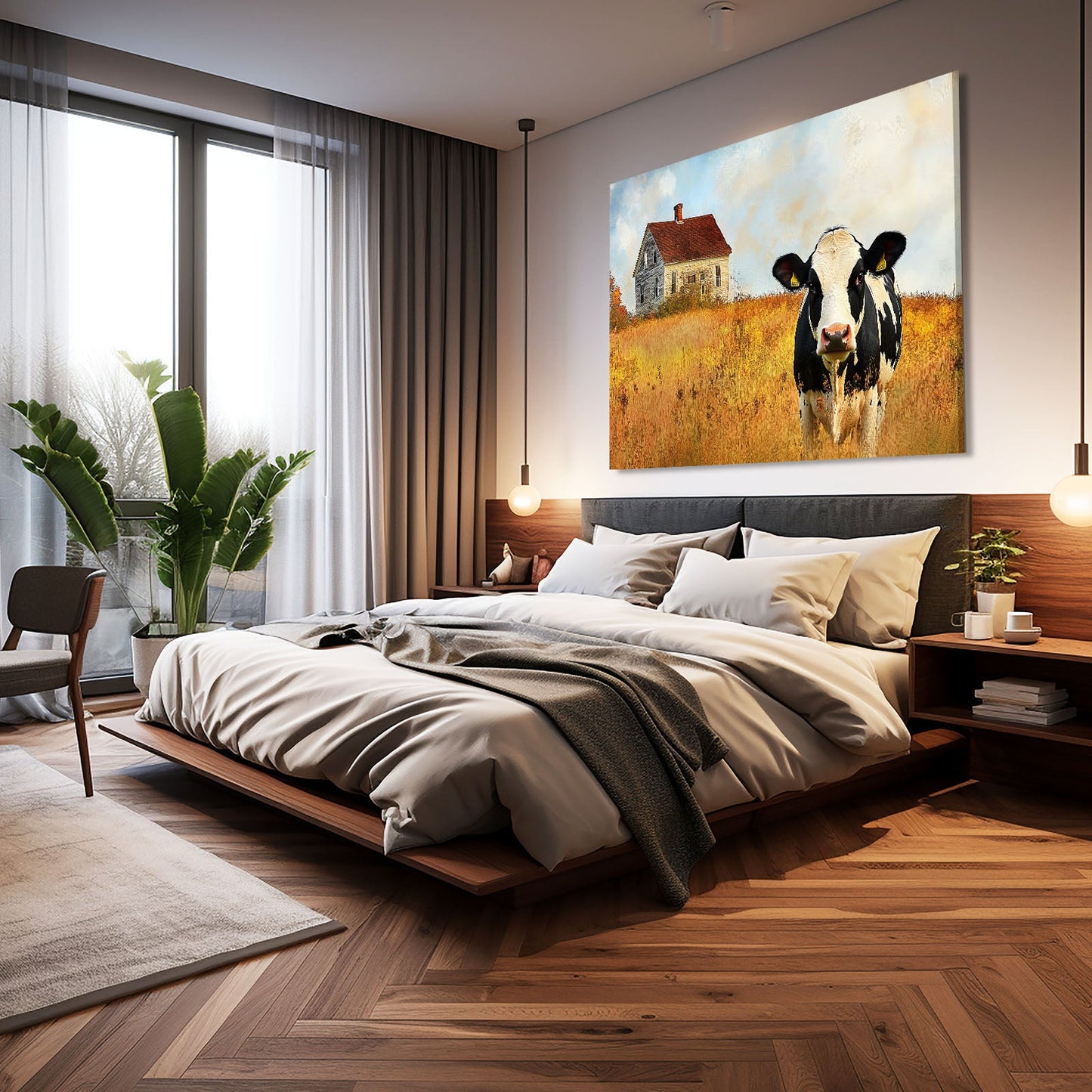 Farmhouse Cow Art – angled canvas view on white background