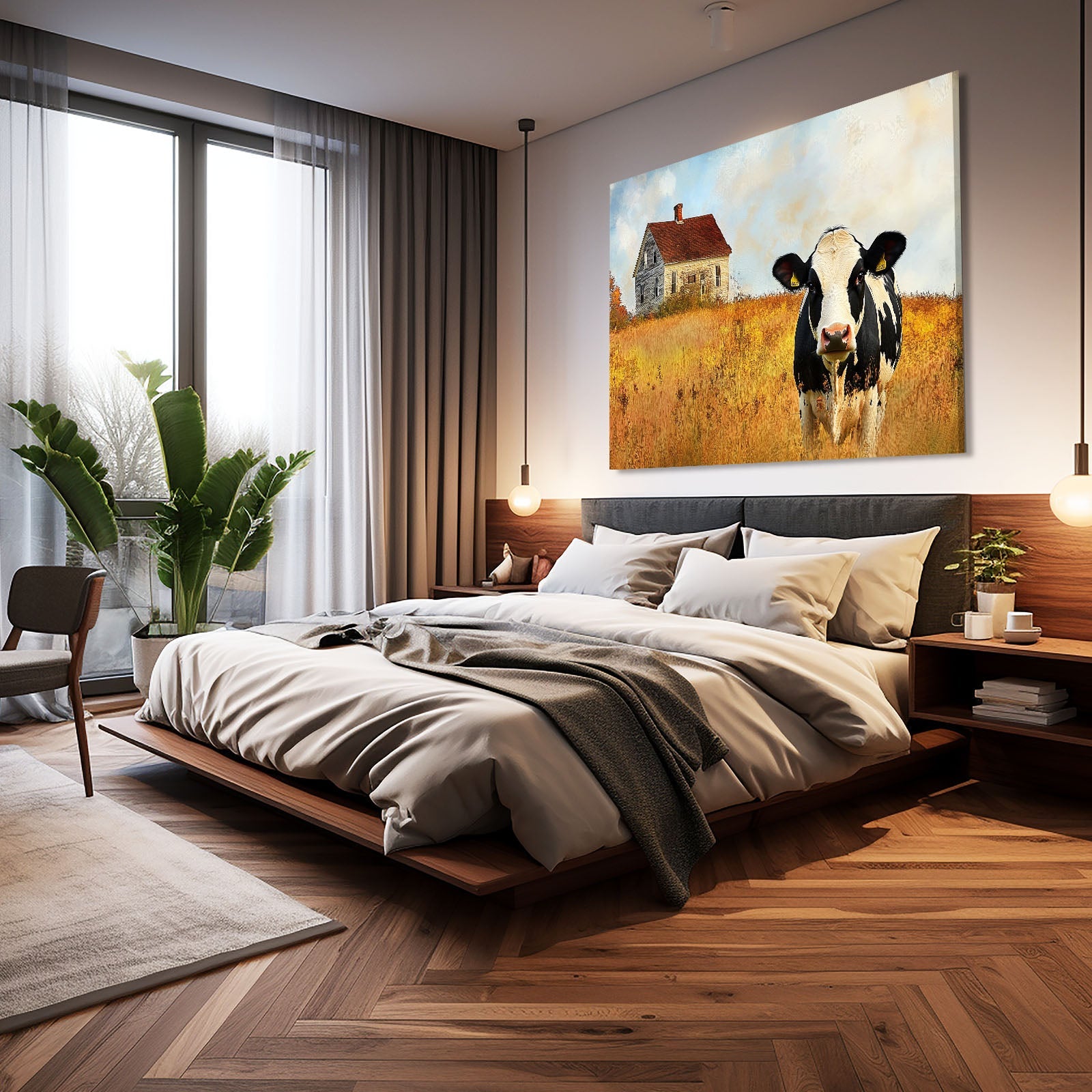 Farmhouse Cow Art – angled canvas view on white background