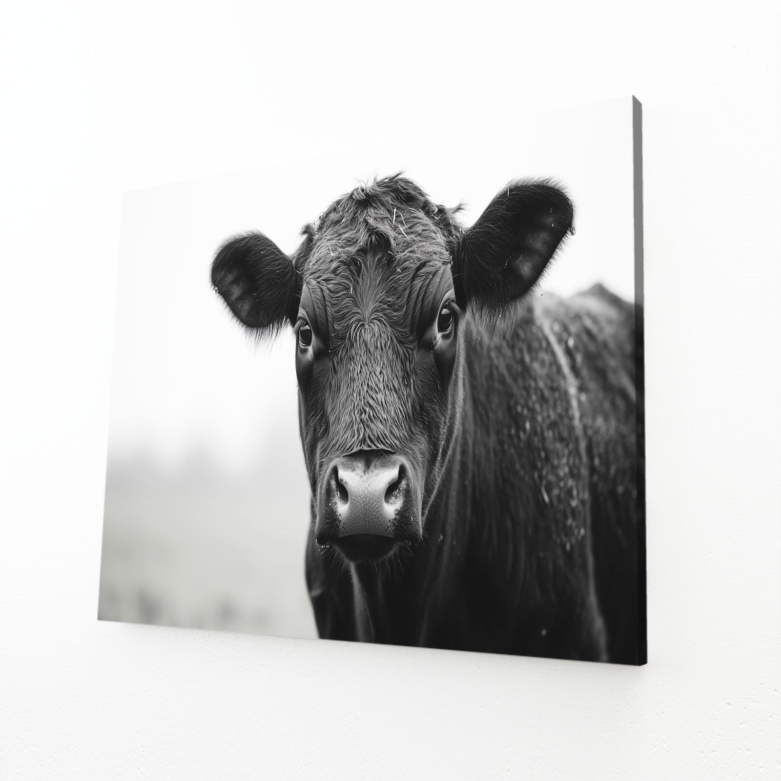 Farmhouse Cow Artwork – angled canvas view on white background