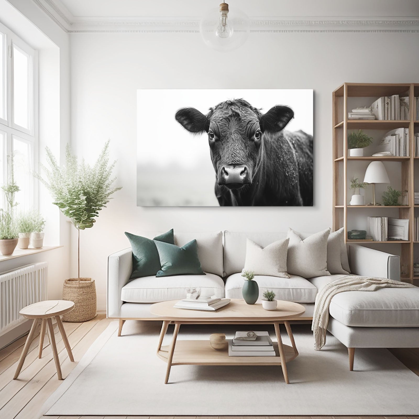 Farmhouse Cow Artwork – angled canvas view on white background