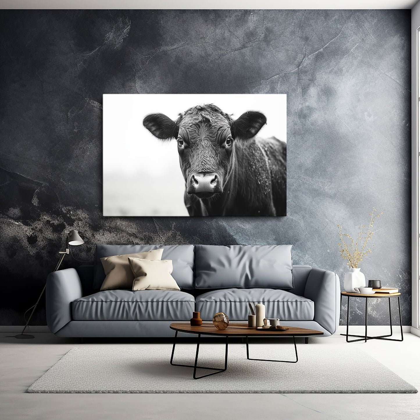 Farmhouse Cow Artwork – angled canvas view on white background