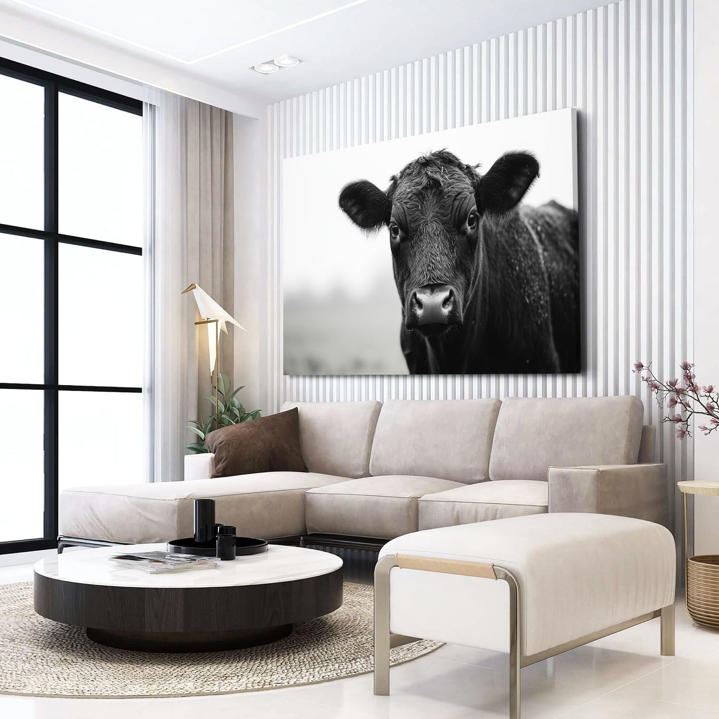 Farmhouse Cow Artwork – angled canvas view on white background