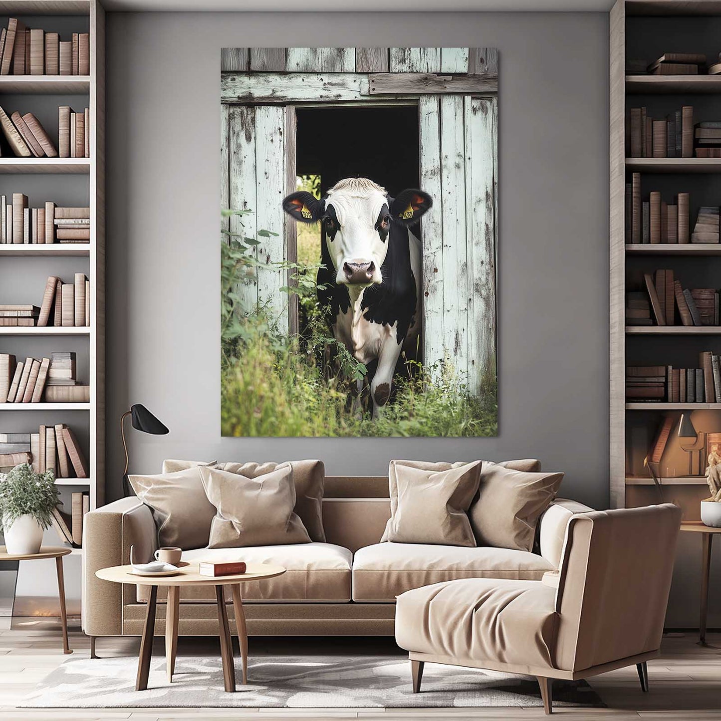 Farmhouse Cow Canvas – angled canvas view on white background