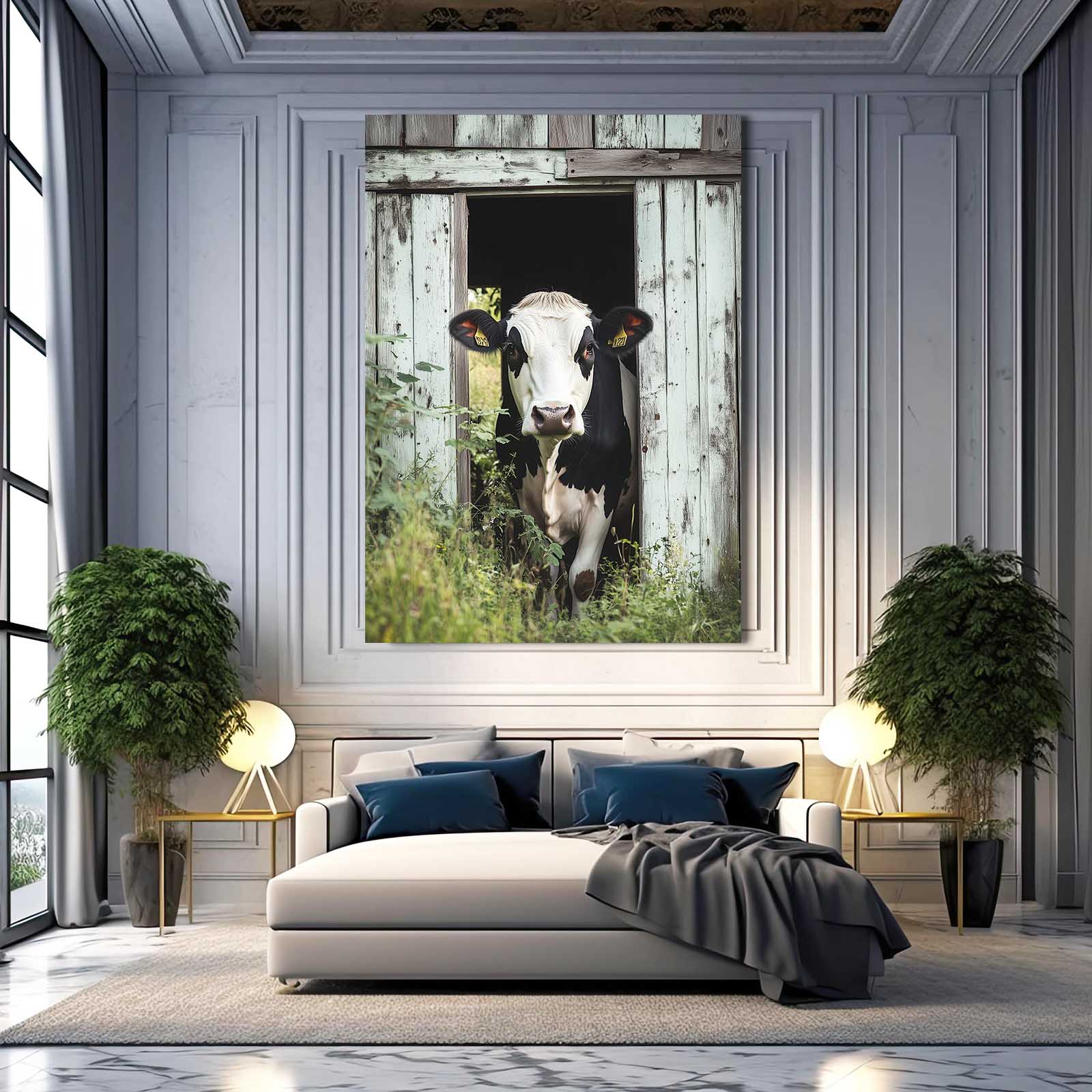 Farmhouse Cow Canvas – angled canvas view on white background
