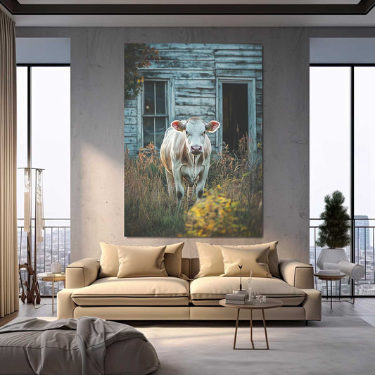 Farmhouse Cow Wall Art – angled canvas view on white background