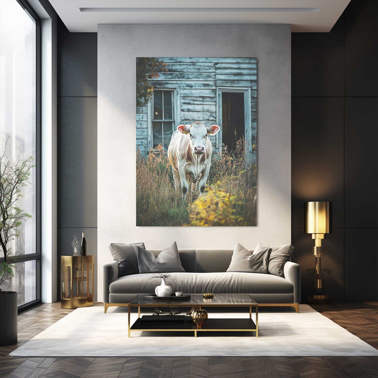 Farmhouse Cow Wall Art – angled canvas view on white background