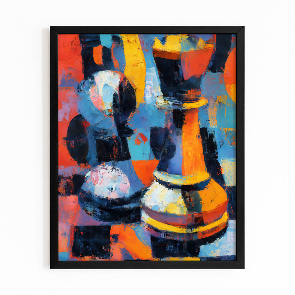 Fauvist Painted Pieces Chess Wall Decor – with Premium Black frame on white background