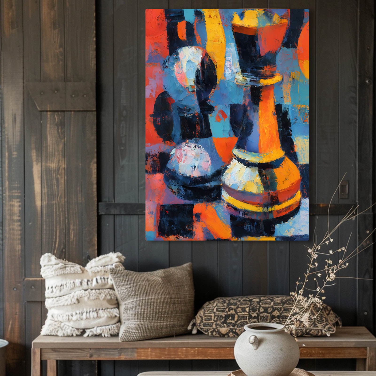 Fauvist Painted Pieces Chess Wall Decor – styled in a furnished interior