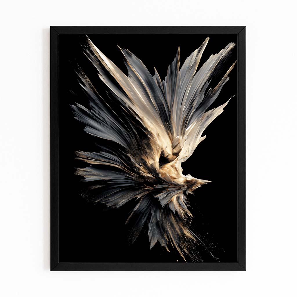Feather Burst Plume Gold Wall Art – with Premium Black frame on white background
