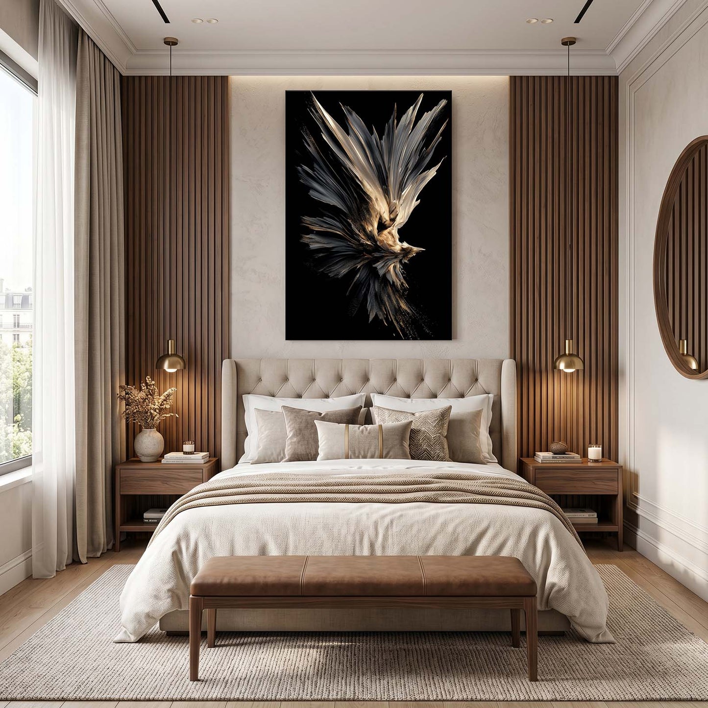 Feather Burst Plume Gold Wall Art – styled in a furnished interior