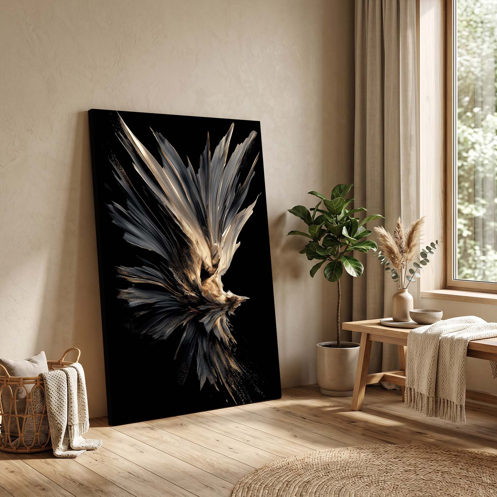 Feather Burst Plume Gold Wall Art – styled in a furnished interior