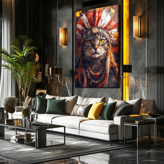Feather Crown Cat Wall Art — digital canvas print in red tones, view 3