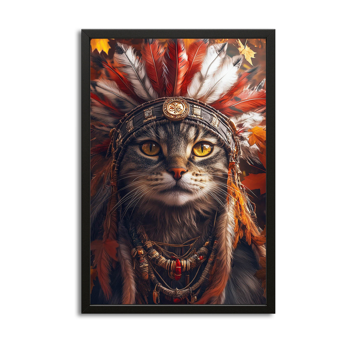 Feather Crown Cat Wall Art — digital canvas print in red tones, canvas print on white background