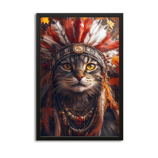 Feather Crown Cat Wall Art — digital canvas print in red tones, canvas print on white background