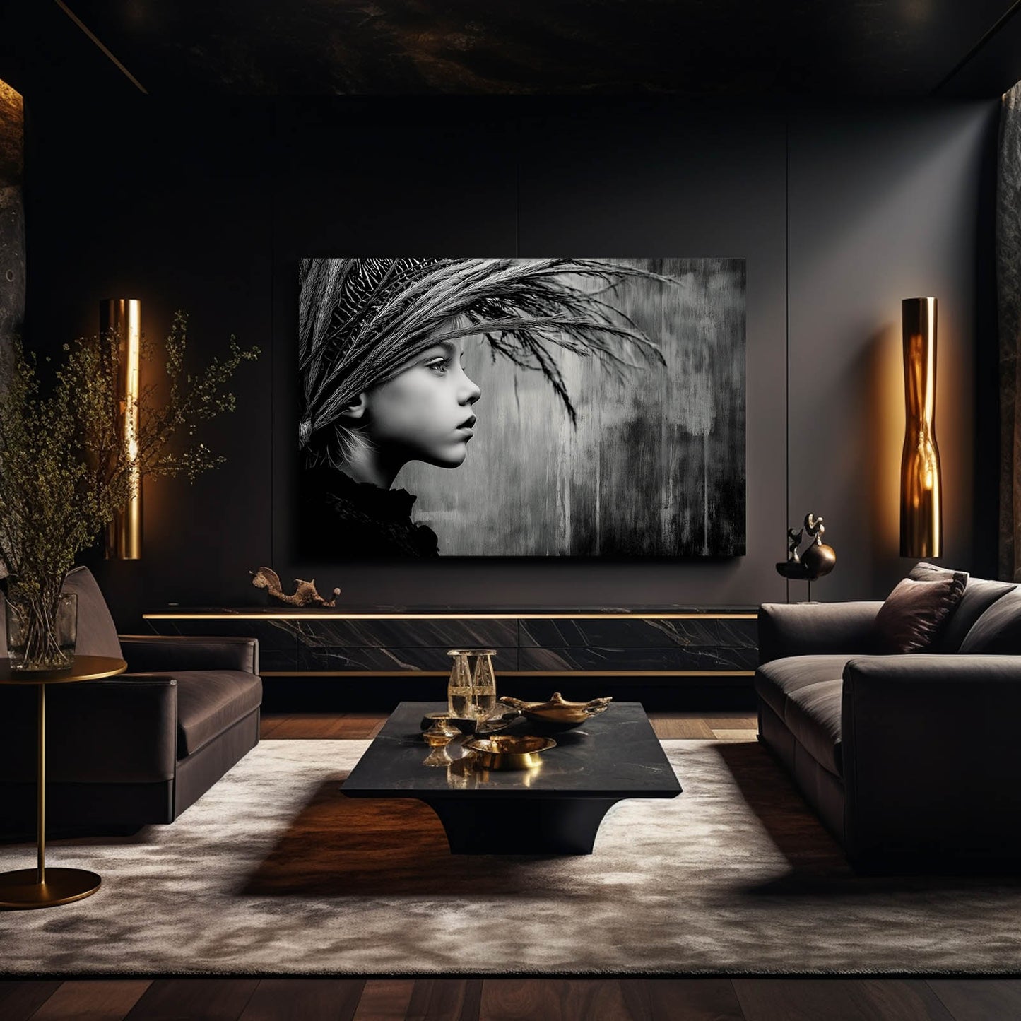Feather Headdress Monochrome Photography Canvas – styled in a furnished interior