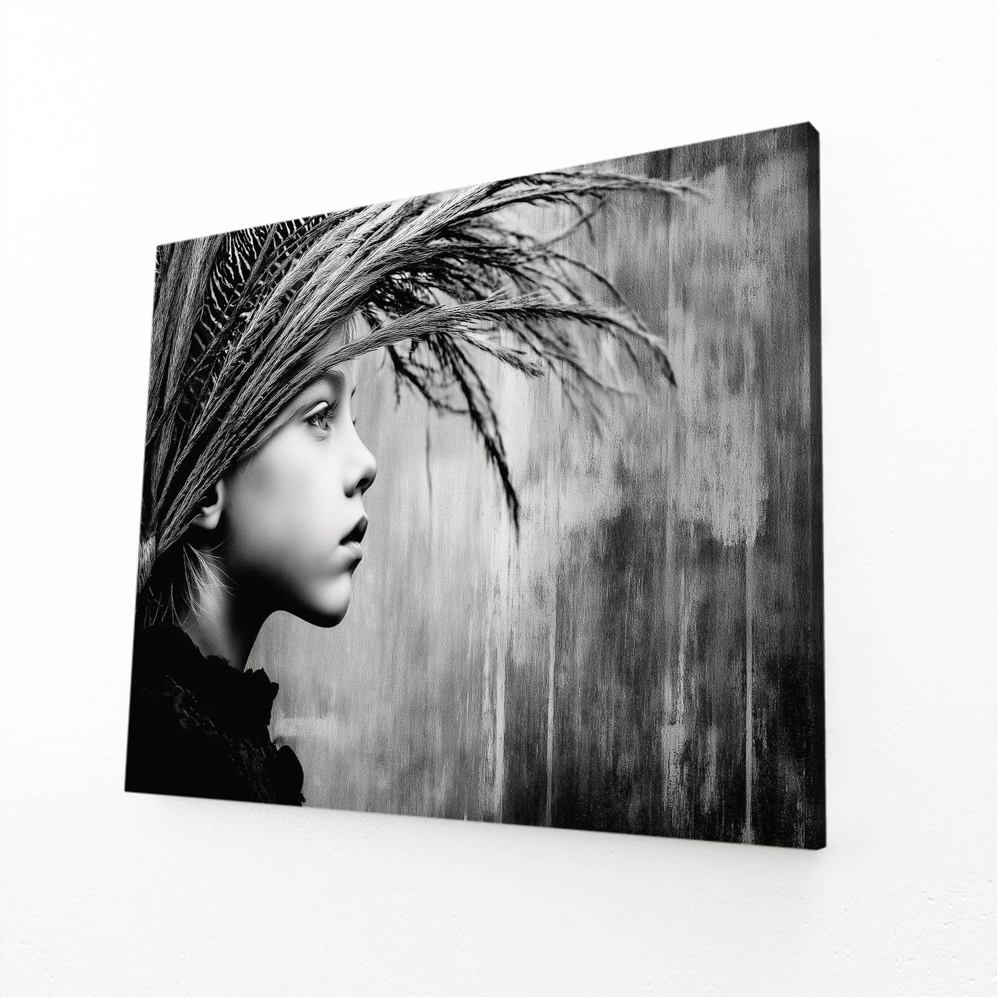 Feather Headdress Monochrome Photography Canvas – angled canvas view on white background