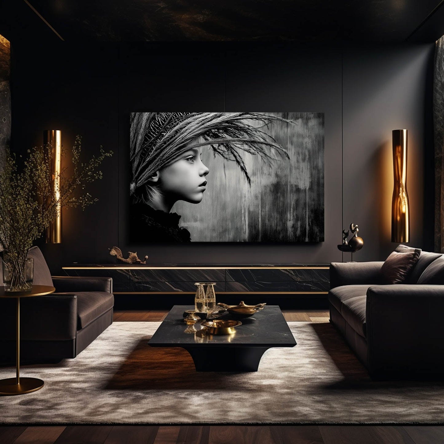 Feathered Gaze Photography Canvas – in a dark lounge with vertical lamps