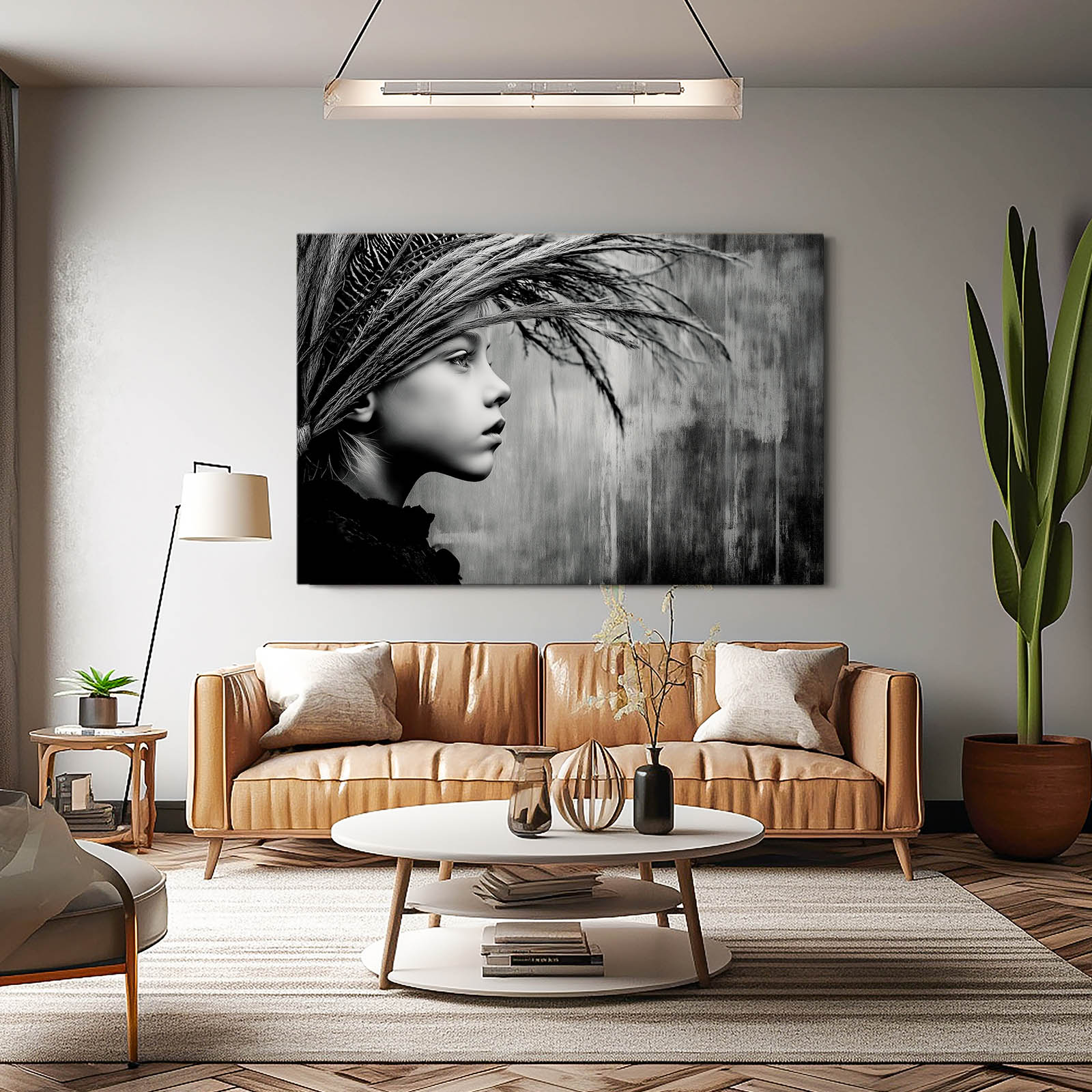Feathered Gaze Photography Canvas – above a tan sofa with plants
