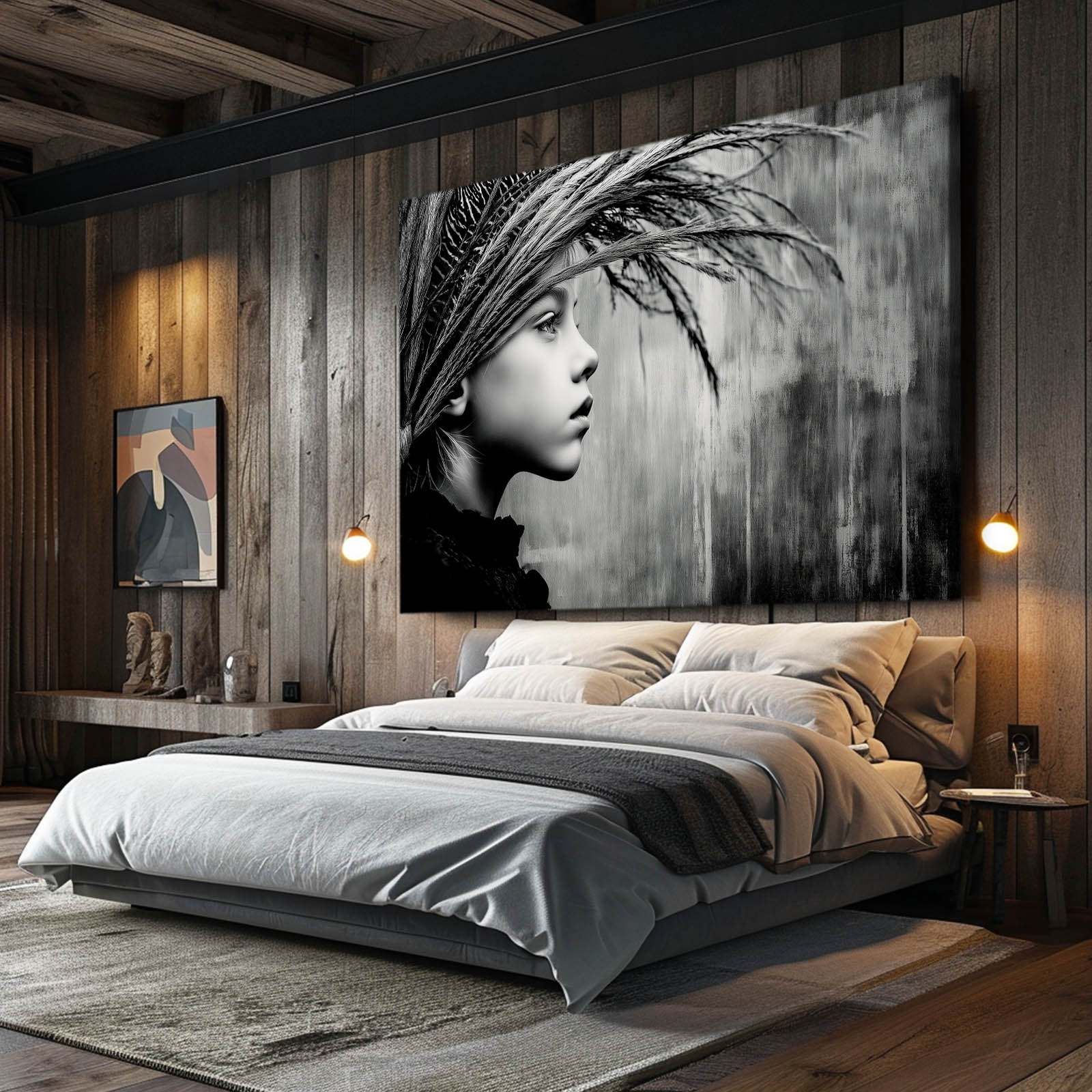 Feathered Gaze Photography Canvas – above a dark bed in a rustic bedroom