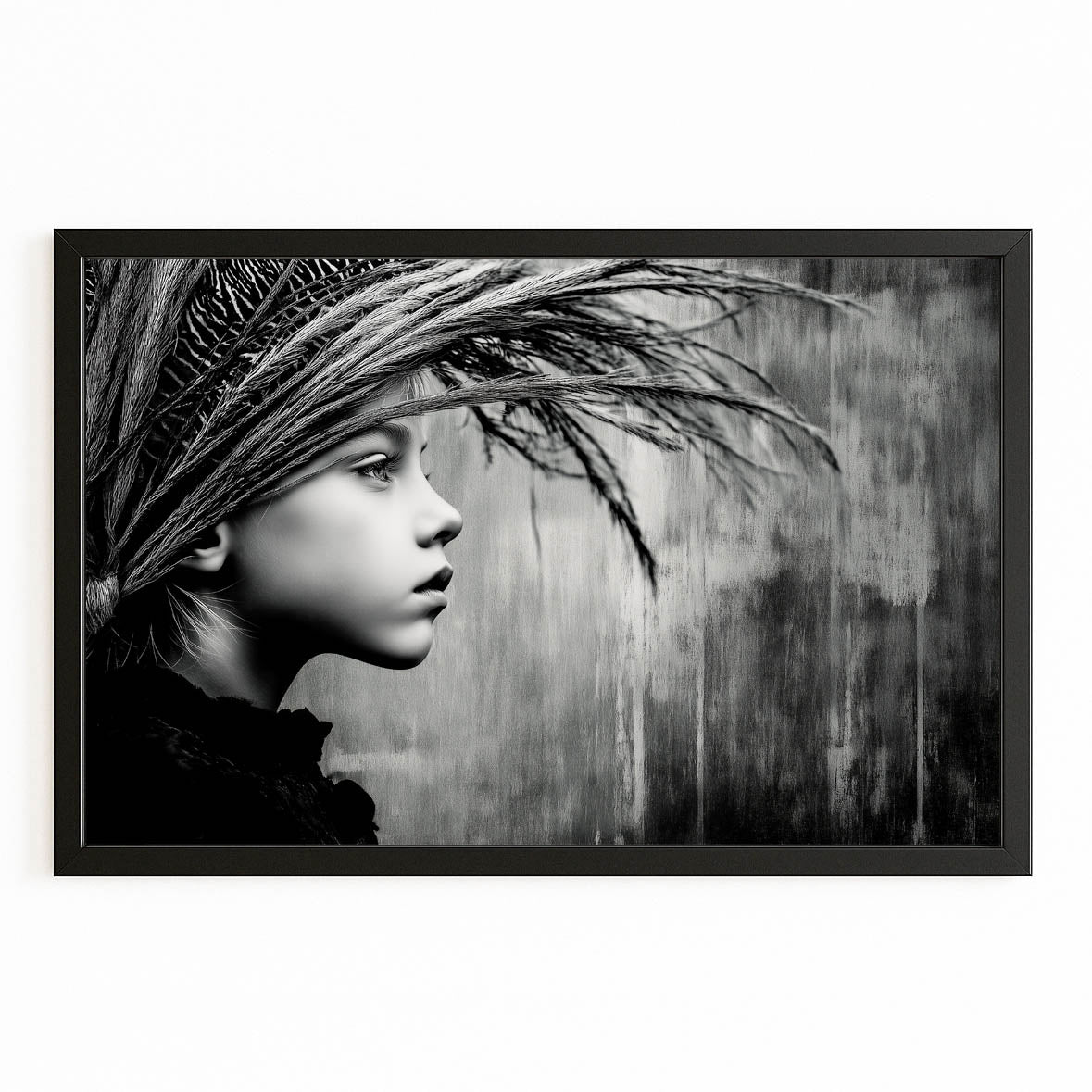 Feathered Gaze Photography Canvas — photography canvas print, with Premium Black frame on white background