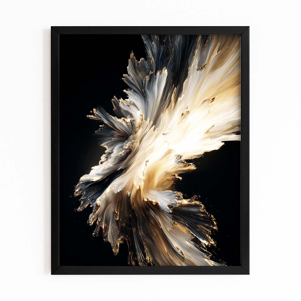 Feathered Gold Burst Canvas – with Premium Black frame on white background