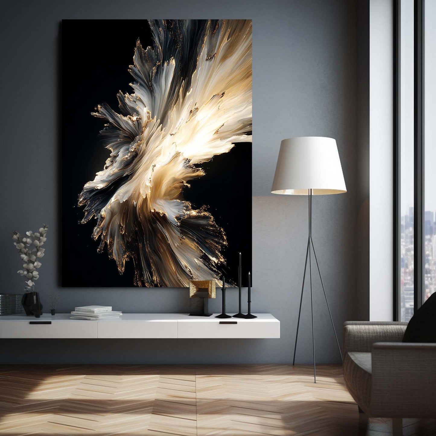 Feathered Gold Burst Canvas – styled in a furnished interior