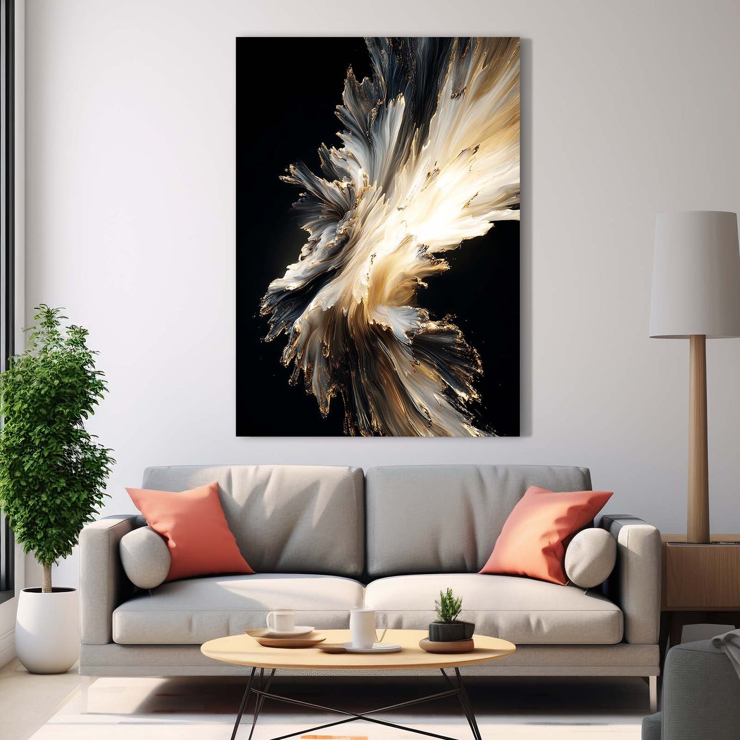 Feathered Gold Burst Canvas – styled in a furnished interior