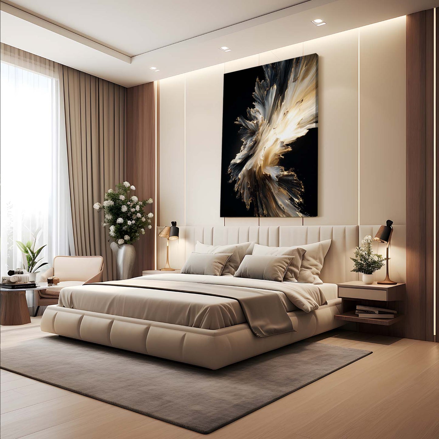 Feathered Gold Burst Canvas – styled in a furnished interior