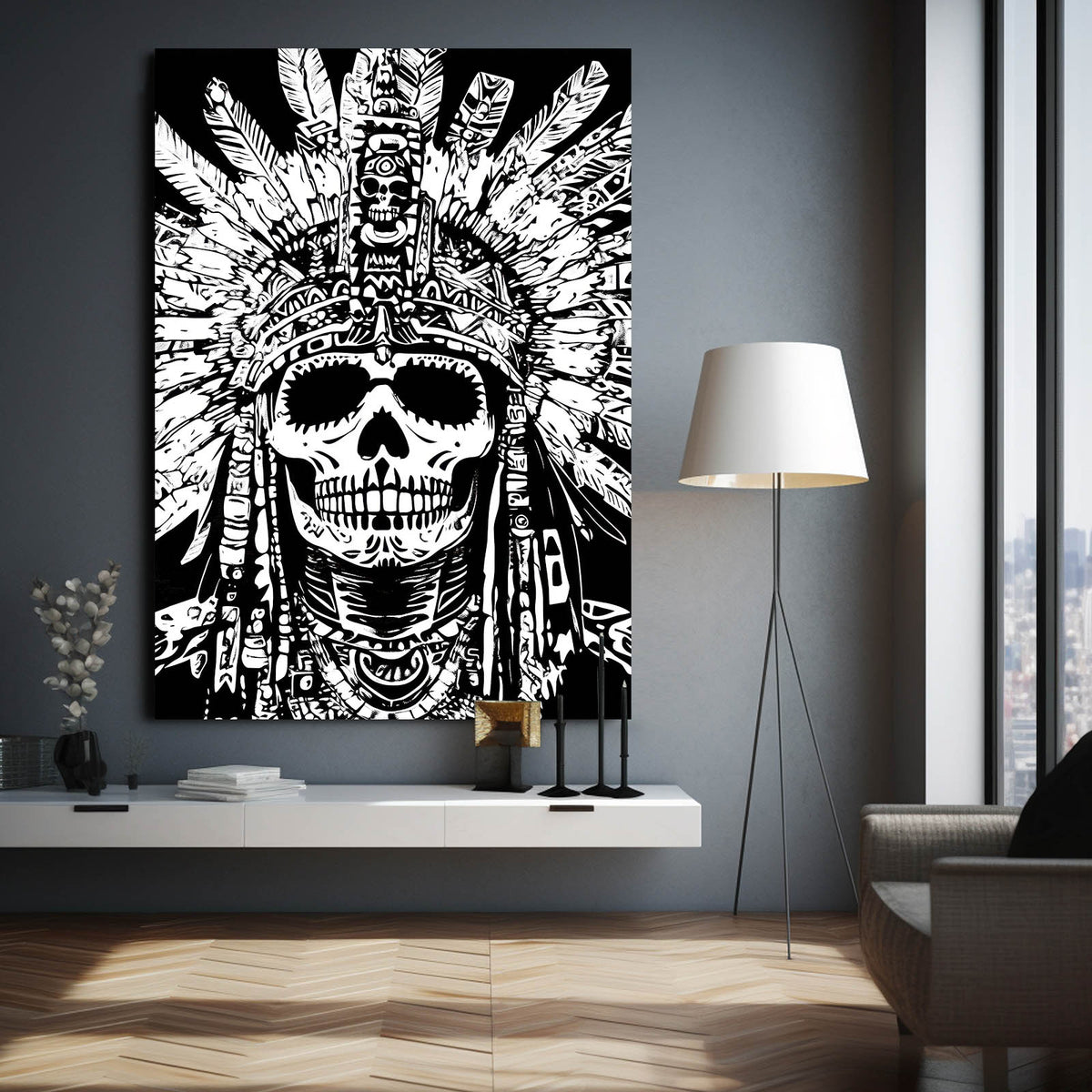 Feathered Headdress Skull Mexican Canvas — contemporary canvas print, styled in a furnished interior