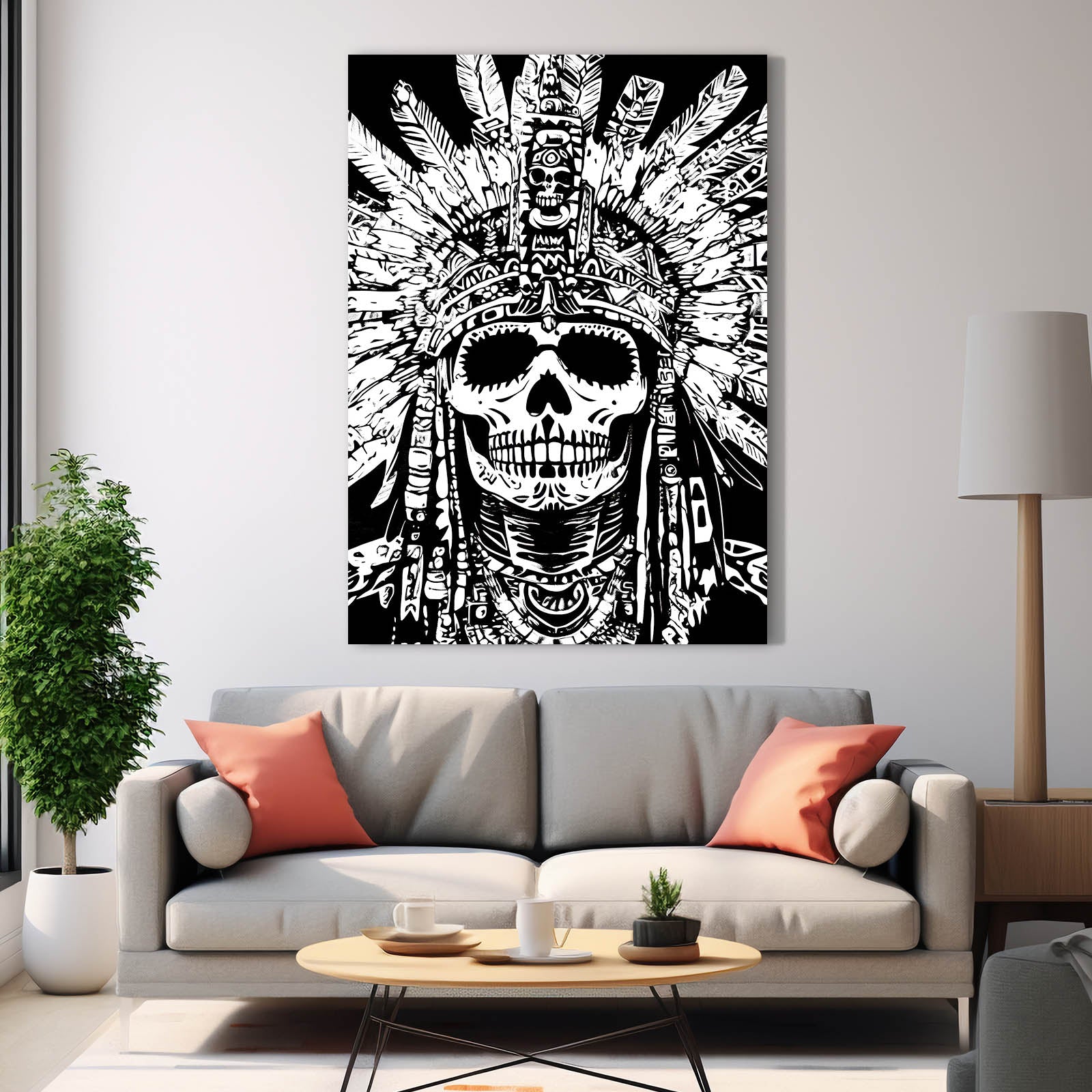 Feathered Headdress Skull Mexican Canvas — contemporary canvas print, styled in a furnished interior