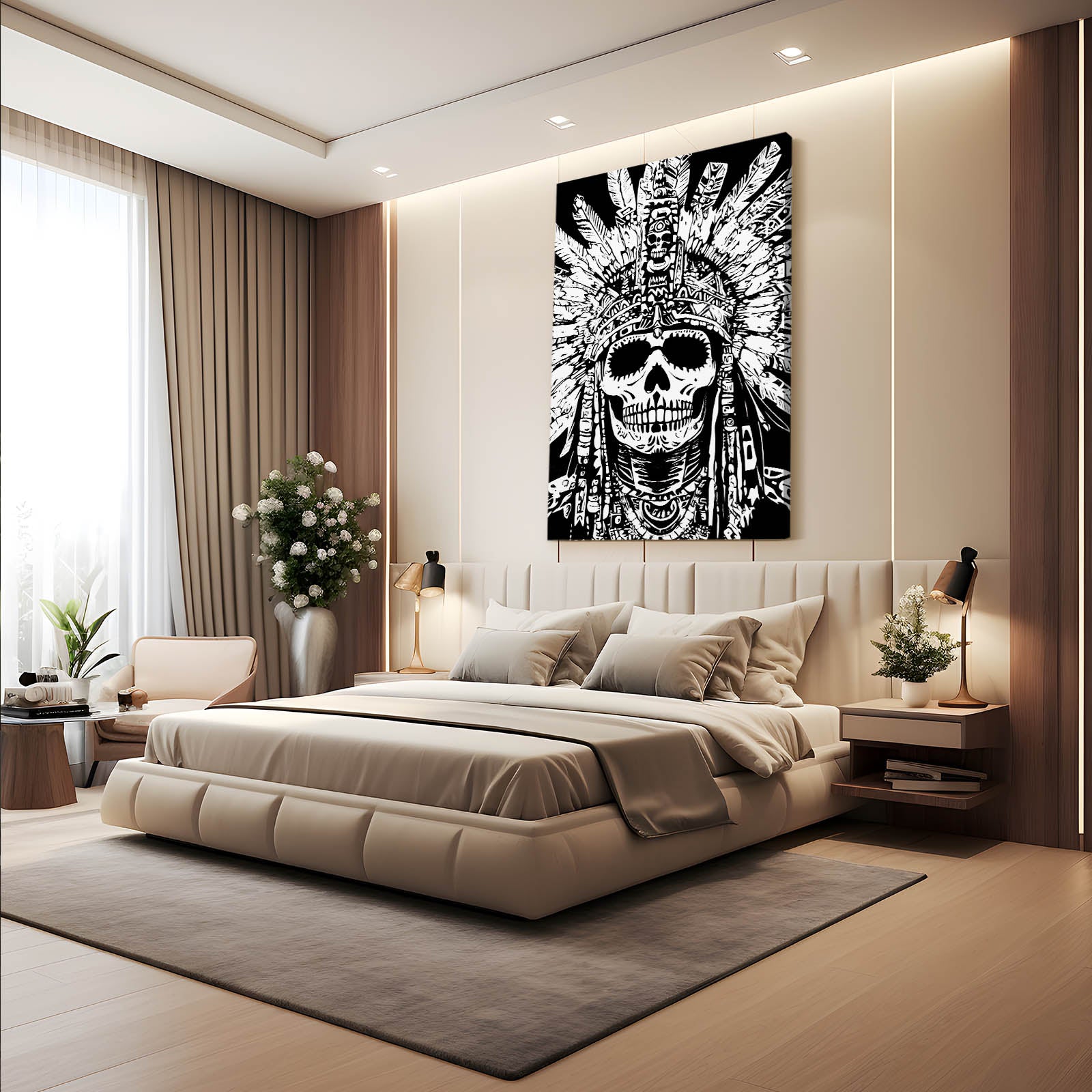 Feathered Headdress Skull Mexican Canvas — contemporary canvas print, styled in a furnished interior
