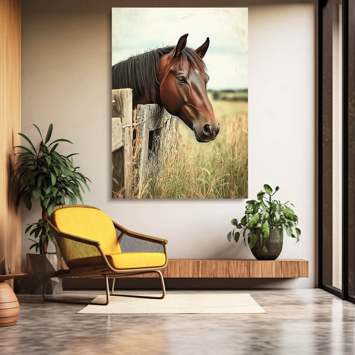 Fence Post Bay Horse Prints — photography canvas print, styled in a furnished interior