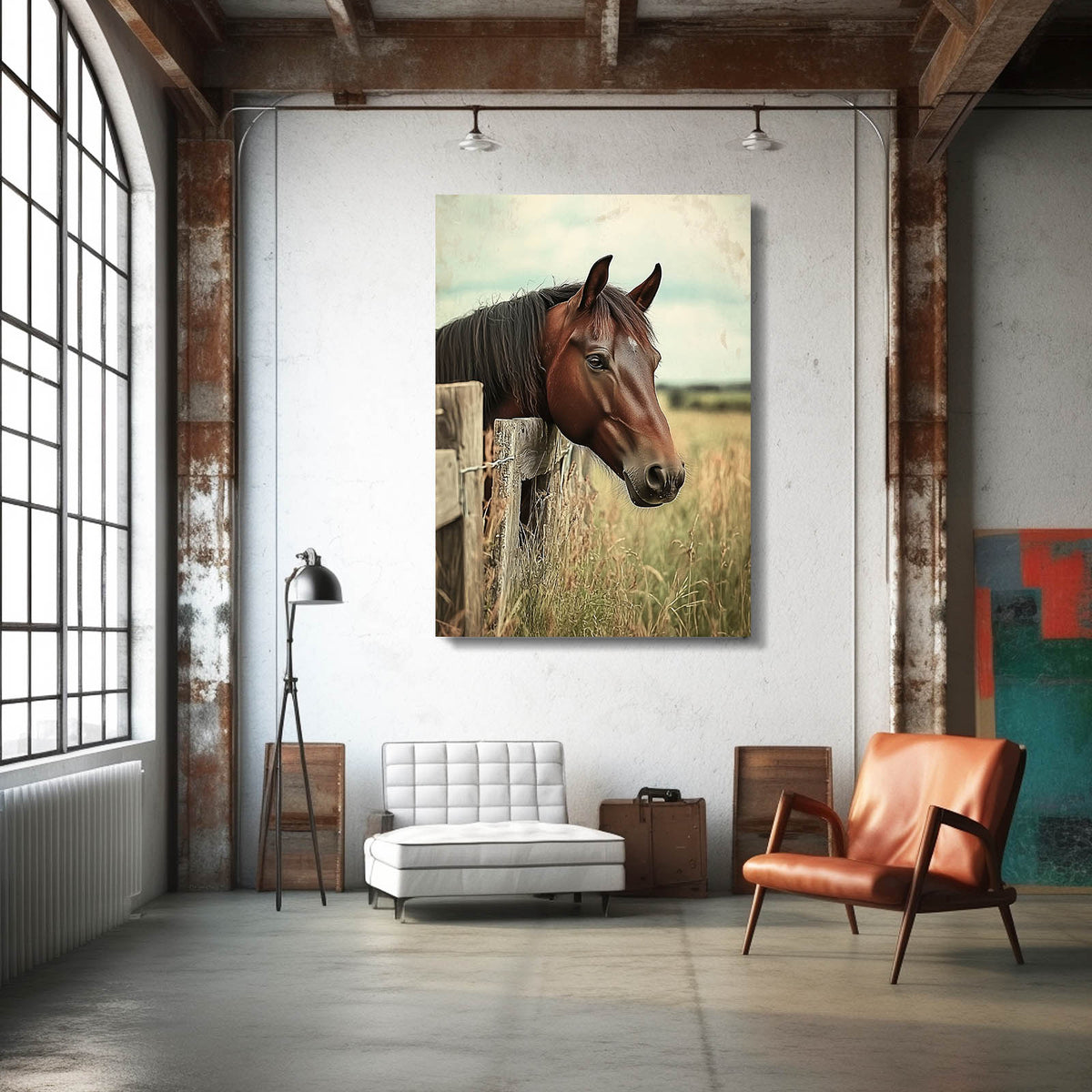 Fence Post Bay Horse Prints — photography canvas print, styled in a furnished interior