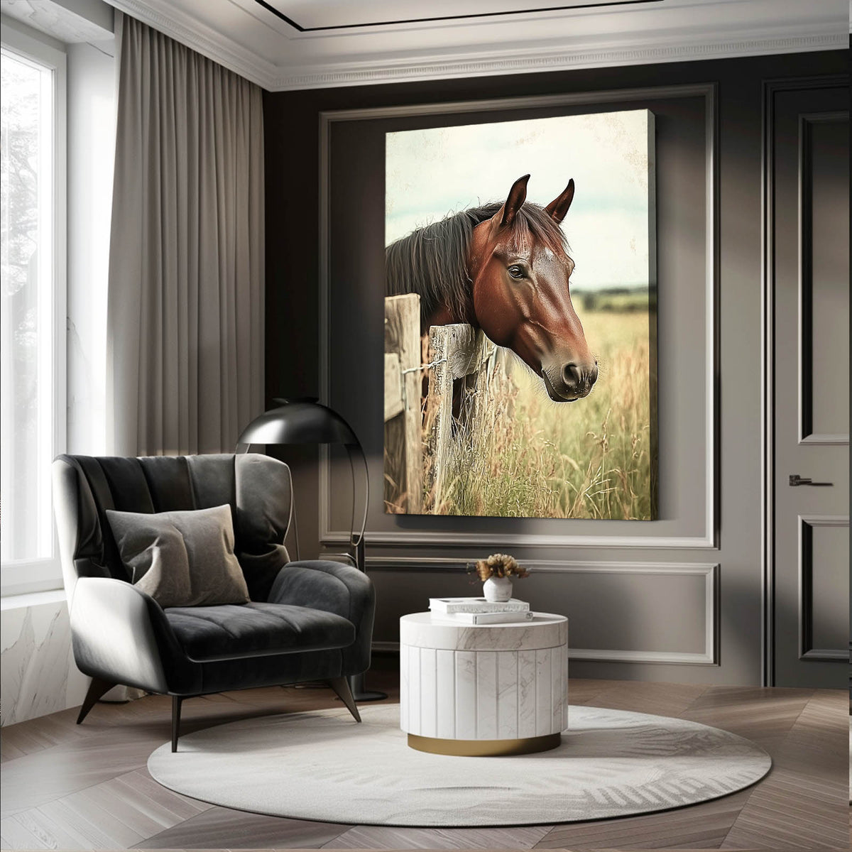 Fence Post Bay Horse Prints — photography canvas print, styled in a furnished interior