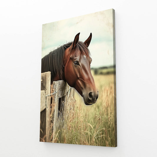 Fence Post Bay Horse Prints — photography canvas print, angled canvas view on white background