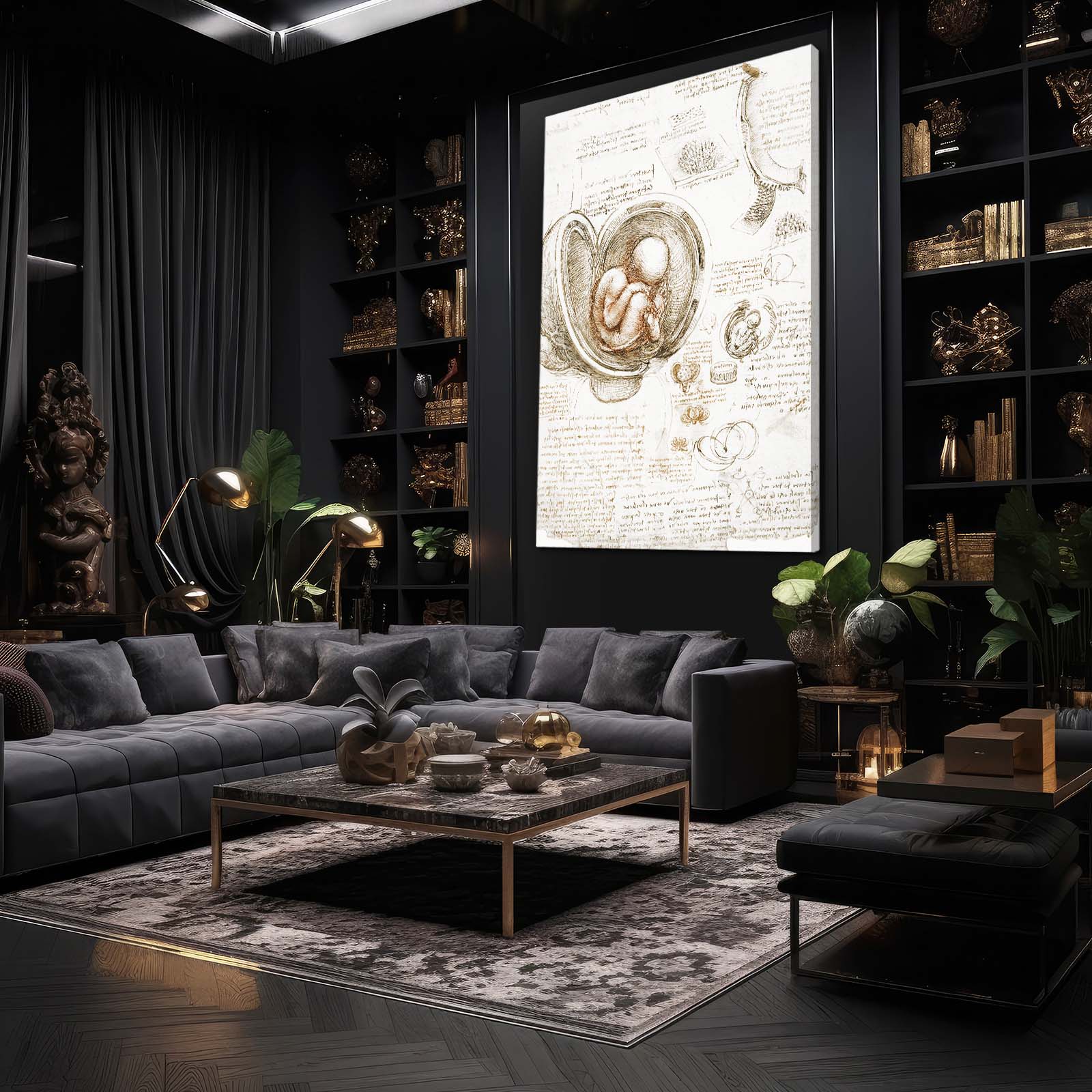 Fetus In The Womb Da Vinci Canvas – styled in a furnished interior