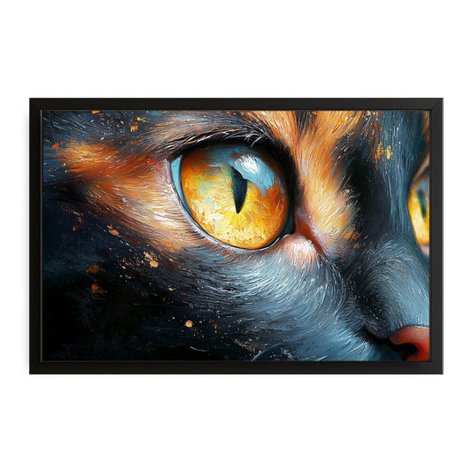 Fiery Gaze Cat Wall Art — digital canvas print in orange tones, with Premium Black frame on white background
