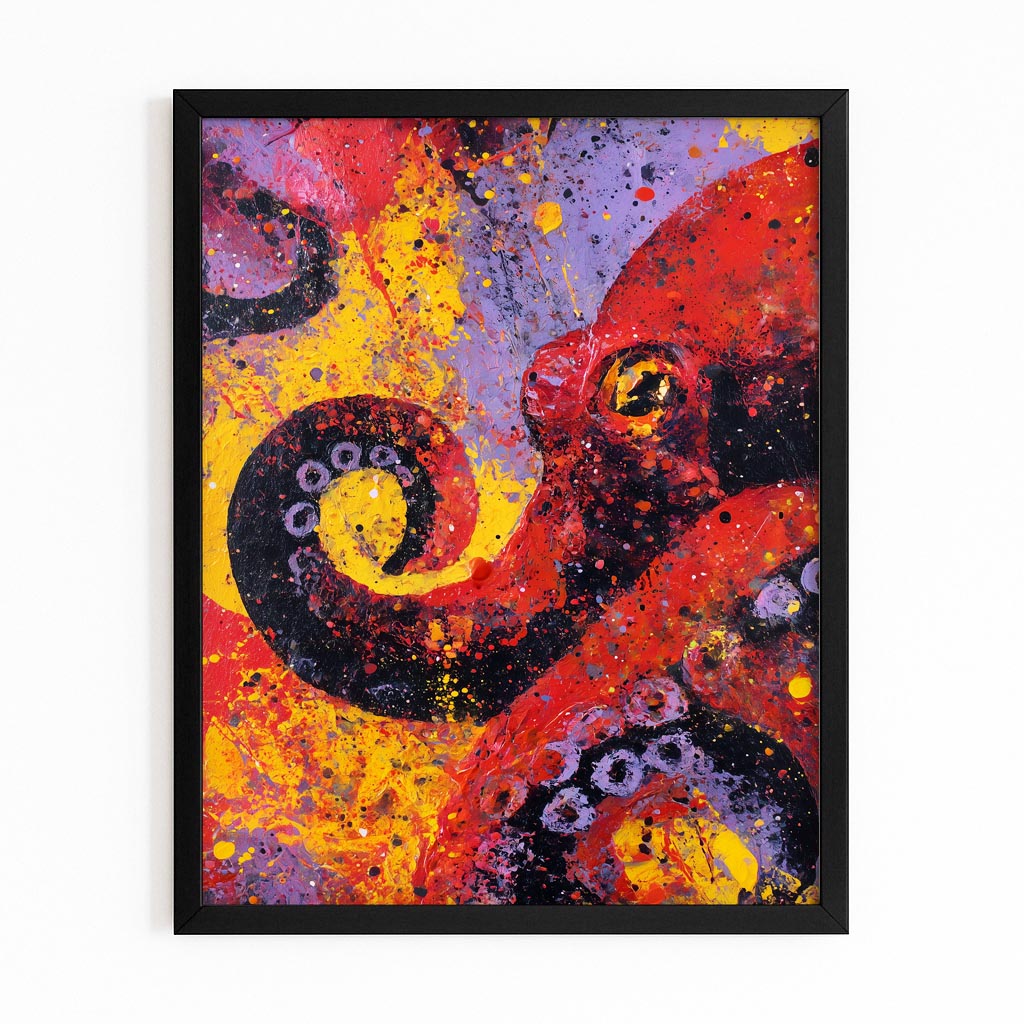 Fiery Graffiti Octopus Prints – with Premium Black frame on white background