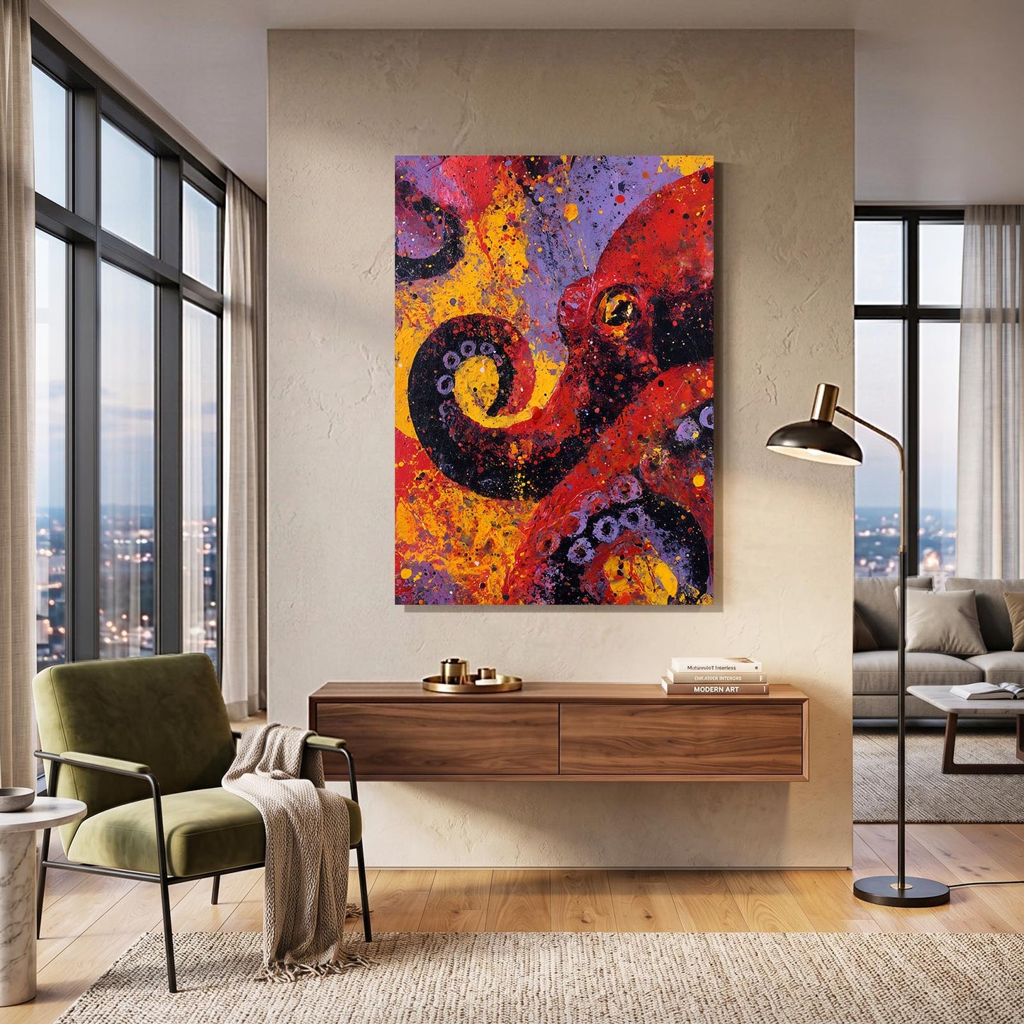 Fiery Graffiti Octopus Prints – styled in a furnished interior