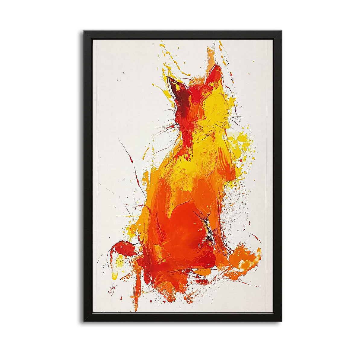 Fiery Silhouette Cat Wall Art — contemporary canvas print in orange tones, with Premium Black frame on white background