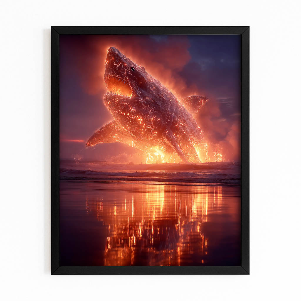 Fiery Sky Breach Shark Canvas Art – with Premium Black frame on white background