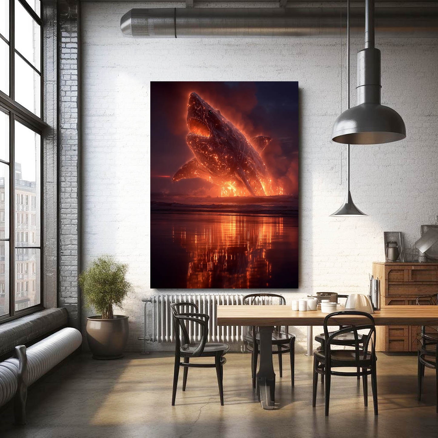Fiery Sky Breach Shark Canvas Art – styled in a furnished interior