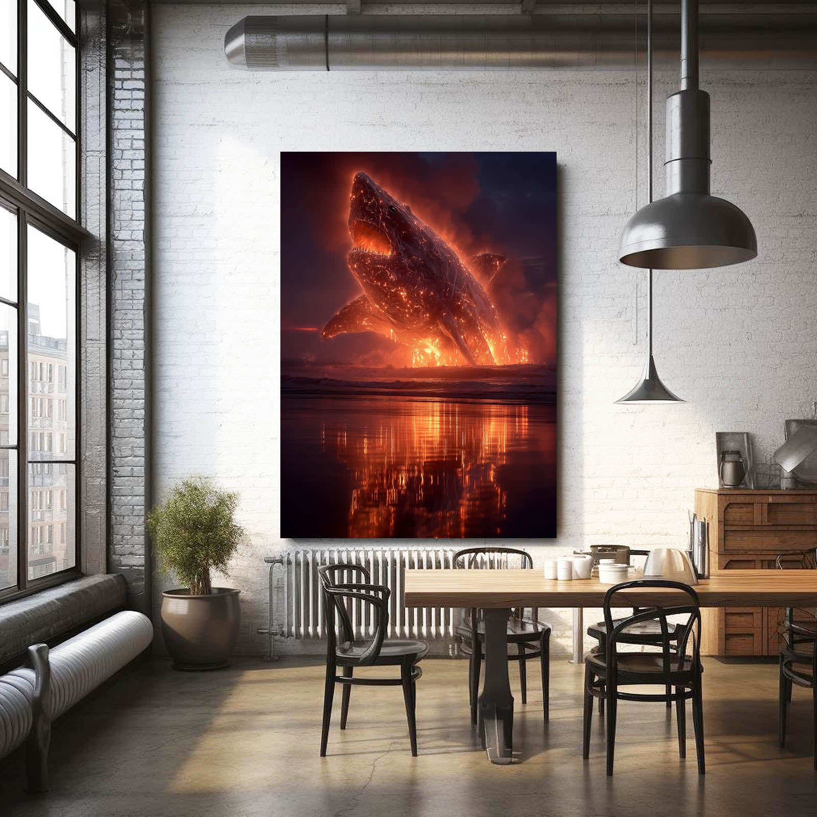 Fiery Sky Breach Shark Canvas Art – styled in a furnished interior