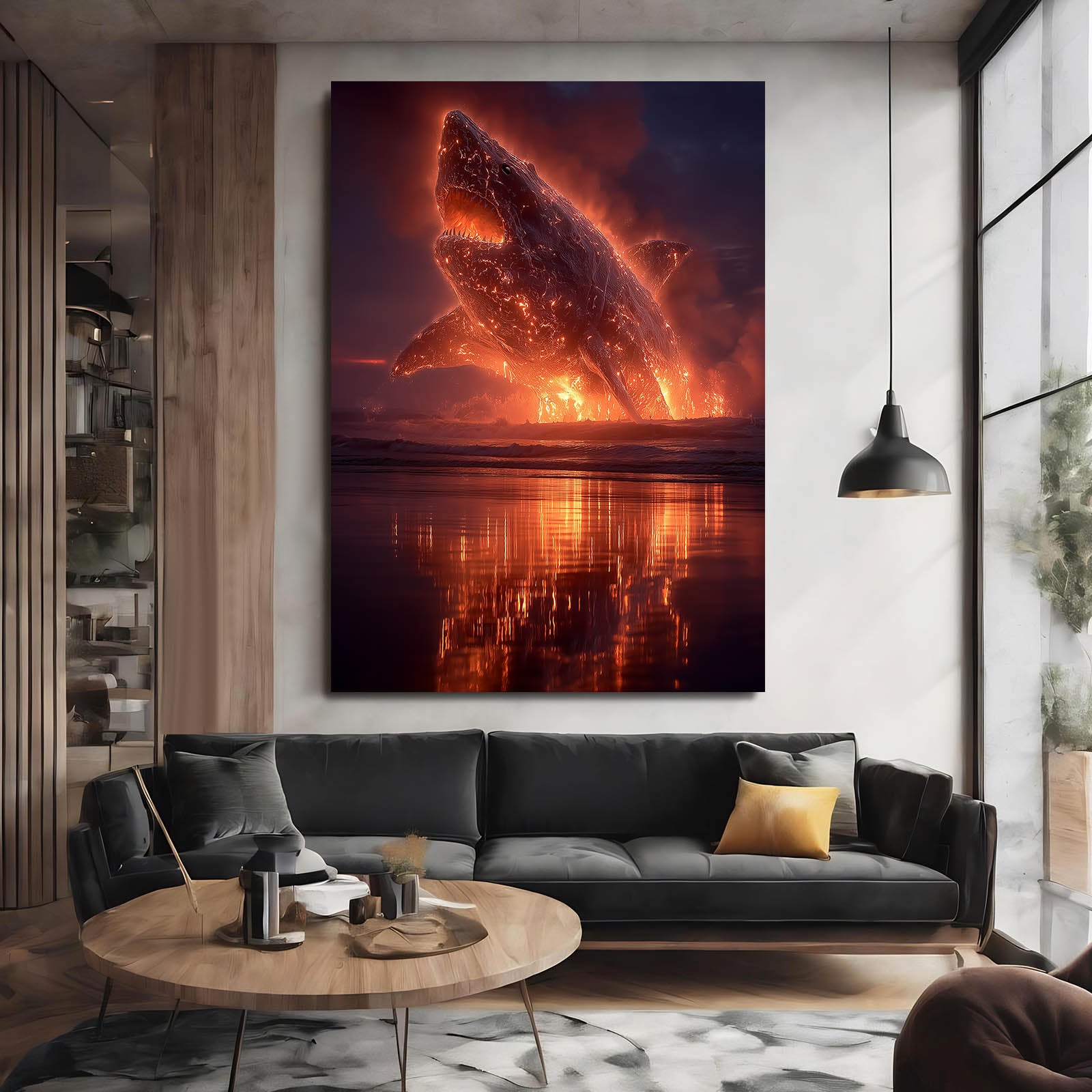 Fiery Sky Breach Shark Canvas Art – styled in a furnished interior