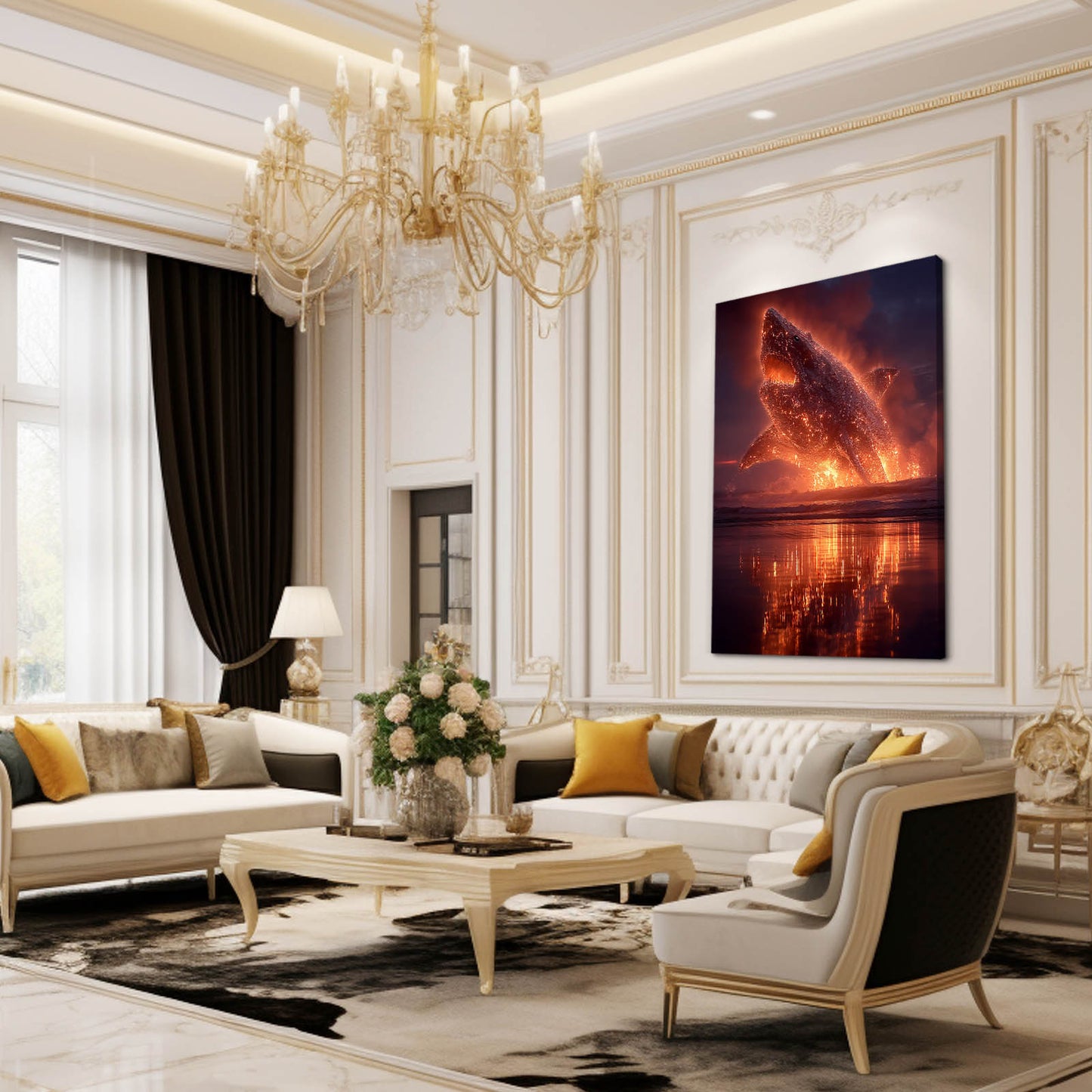 Fiery Sky Breach Shark Canvas Art – styled in a furnished interior