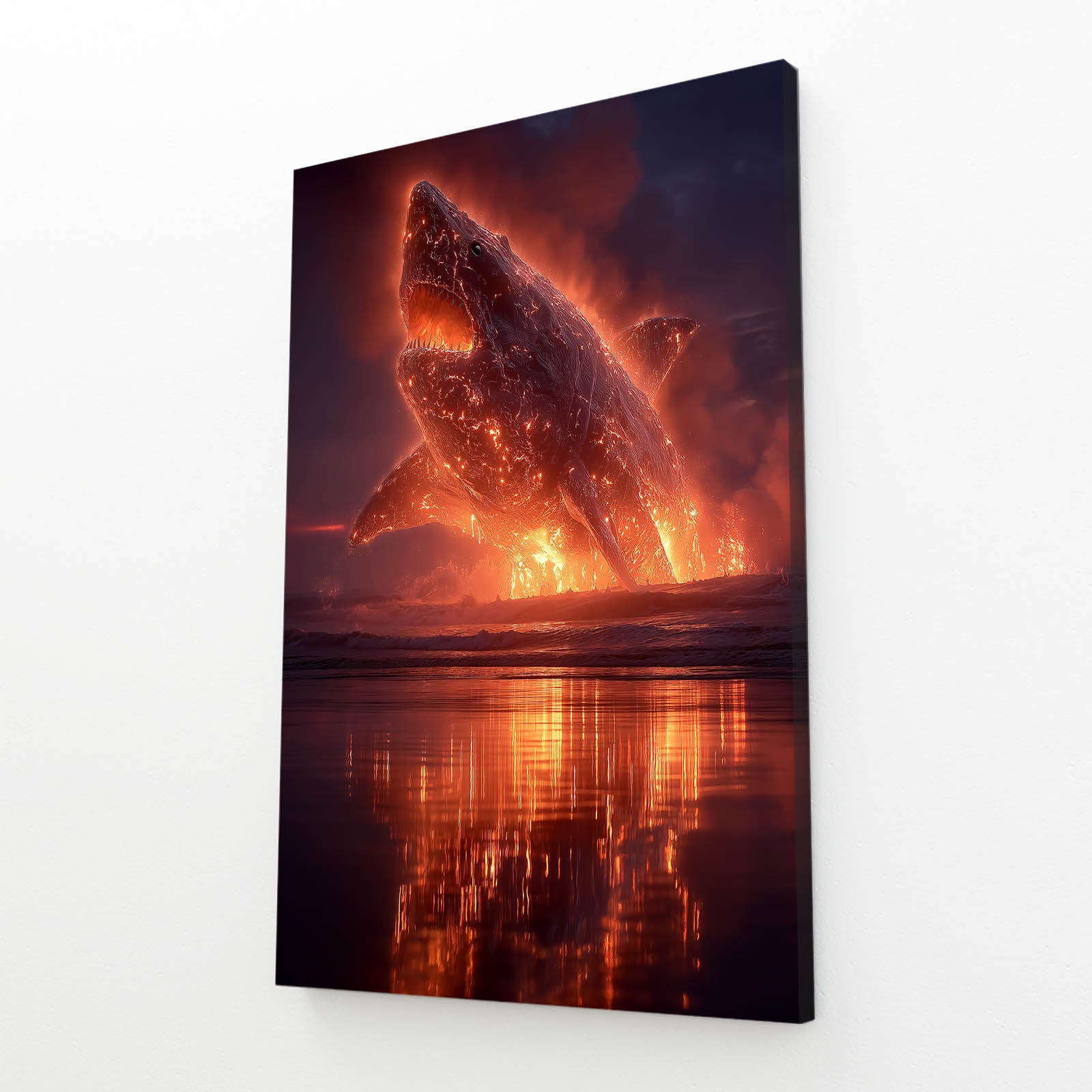 Fiery Sky Breach Shark Canvas Art – angled canvas view on white background