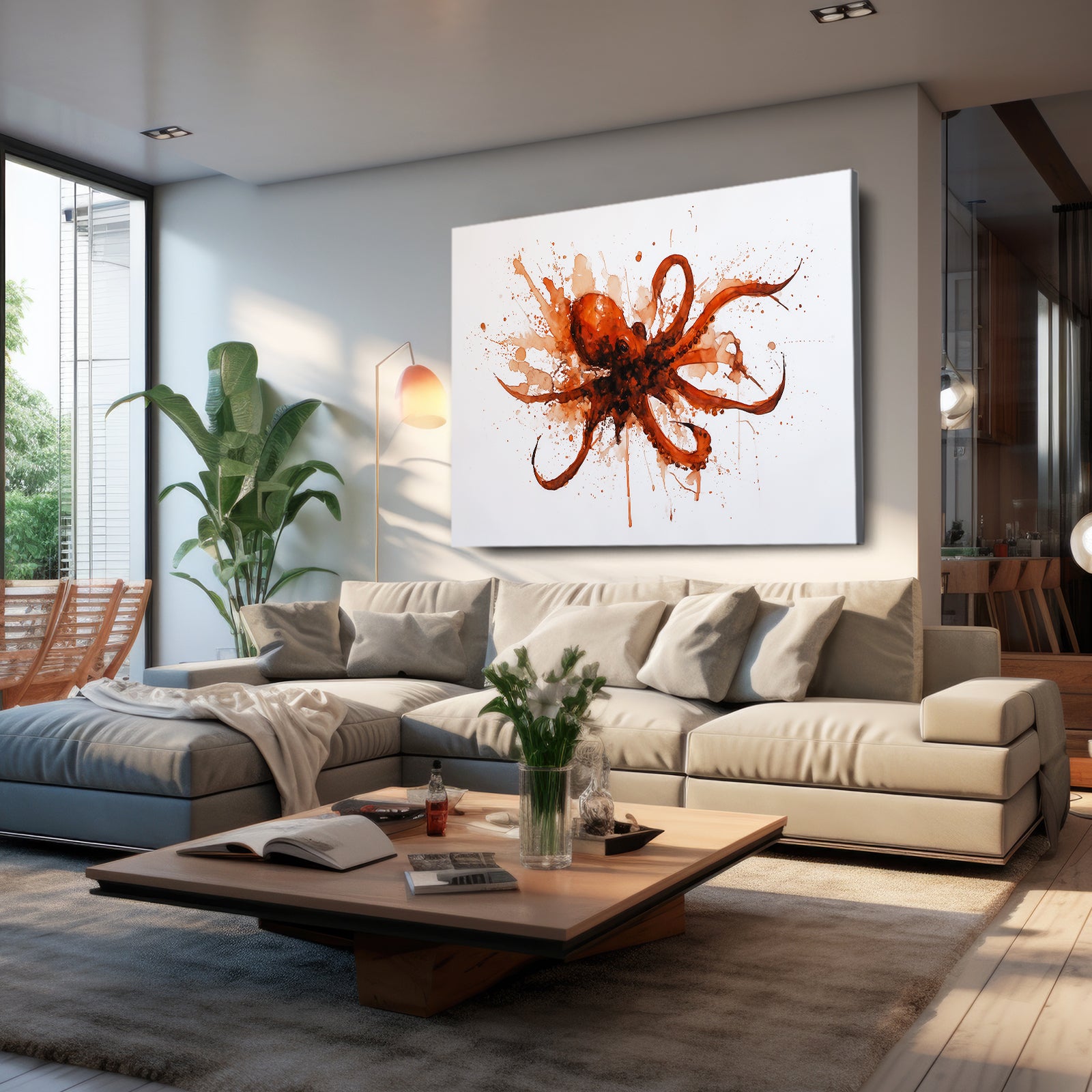 Fiery Splash Burst Octopus Art – styled in a furnished interior