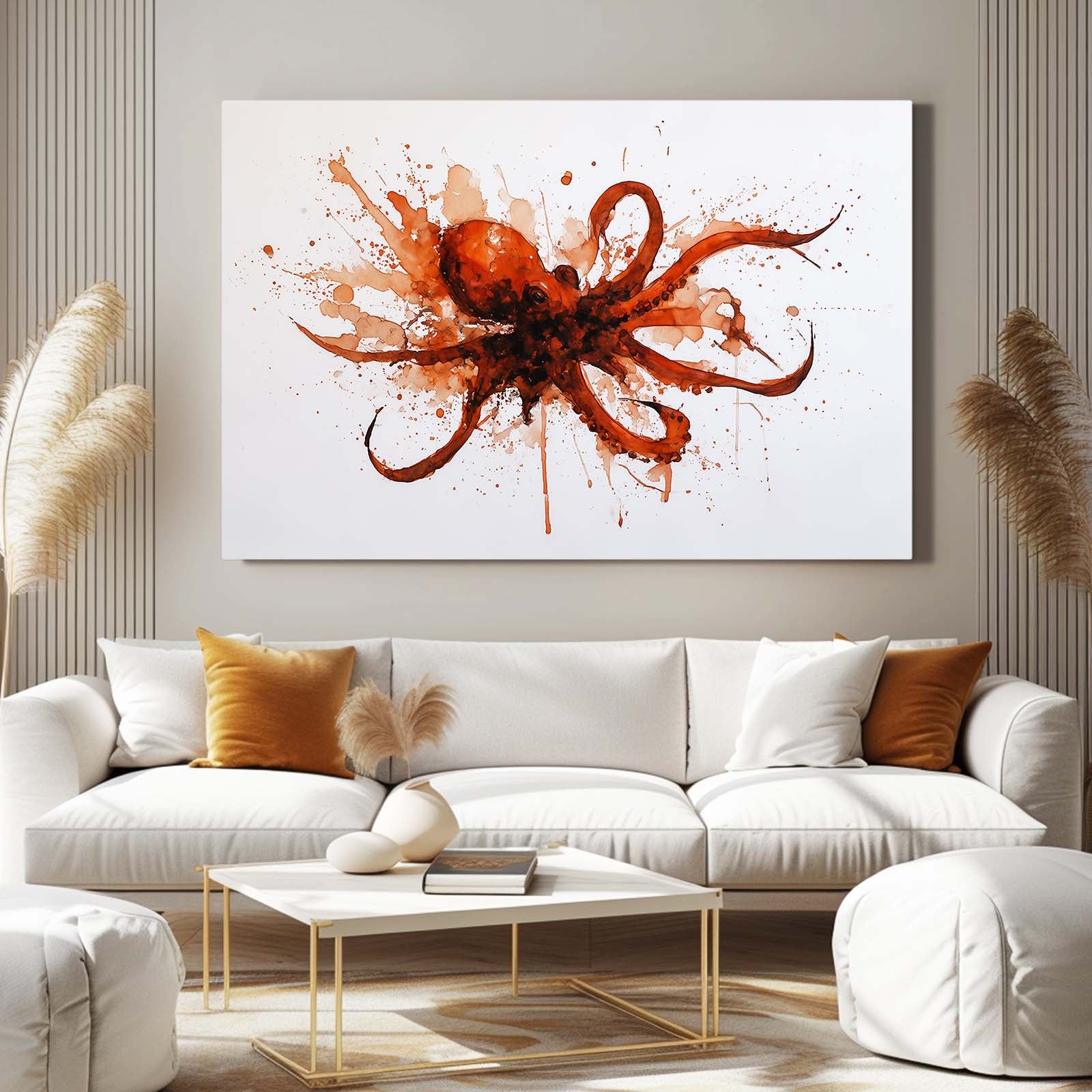 Fiery Splash Burst Octopus Art – styled in a furnished interior