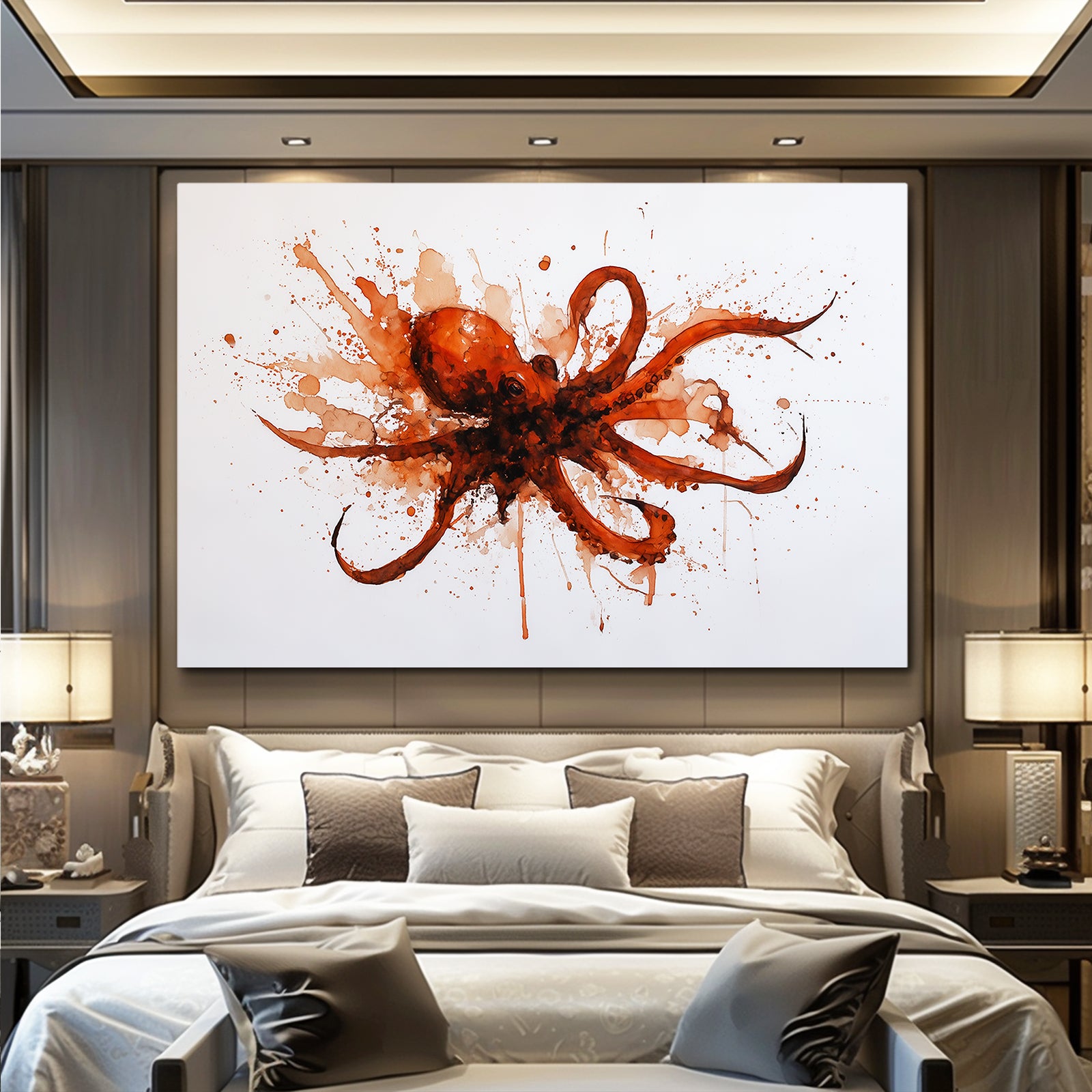 Fiery Splash Burst Octopus Art – styled in a furnished interior