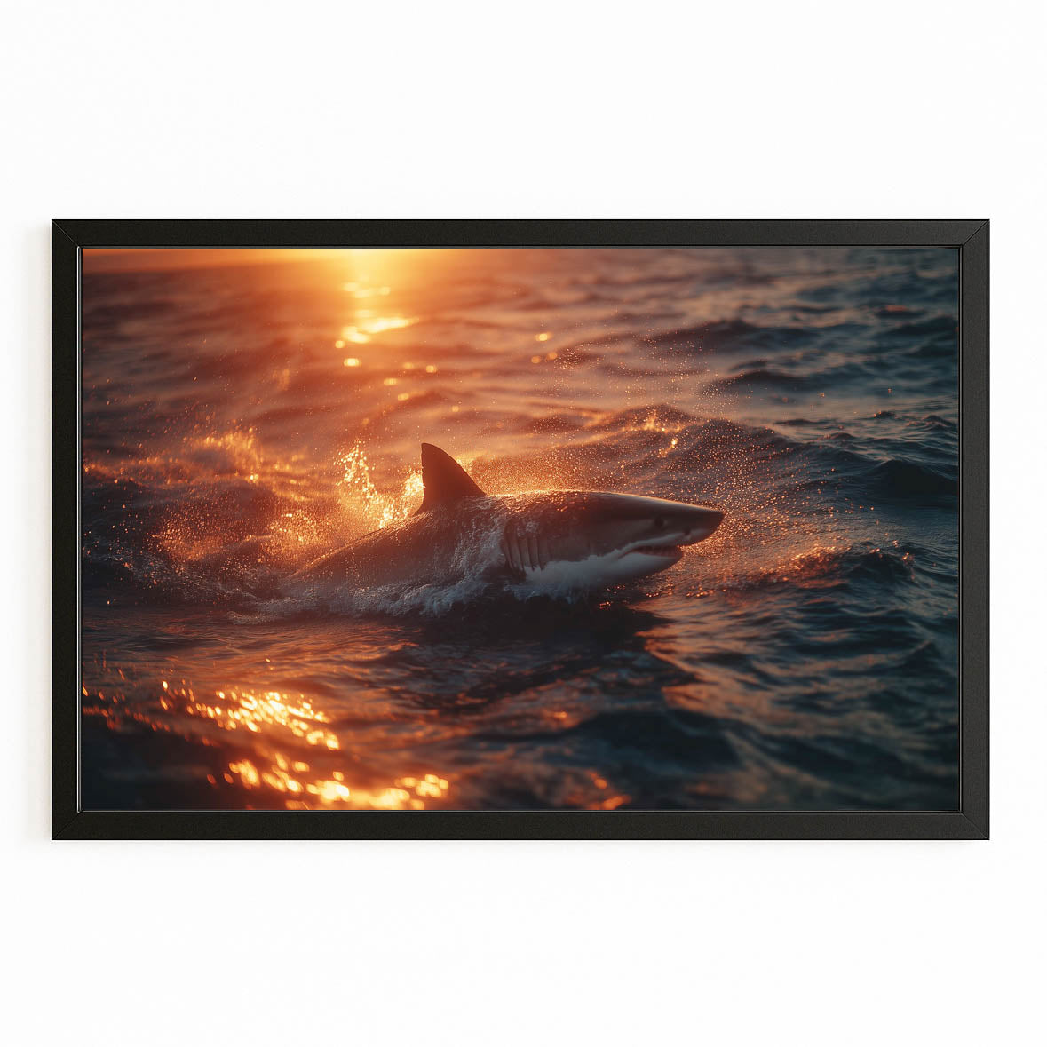 Fiery Sunset Ocean Shark Prints – with Premium Black frame on white background